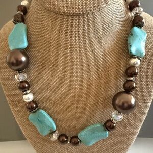 Turquoise and Brown Beaded Howlite Statement Faux Pearl Necklace